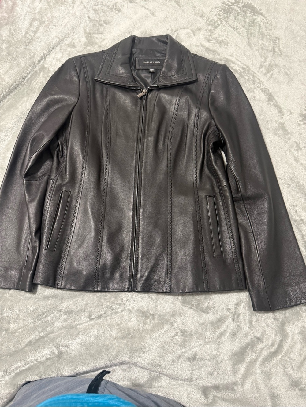 Jones New York Black Leather Zip-Up Bomber Jacket